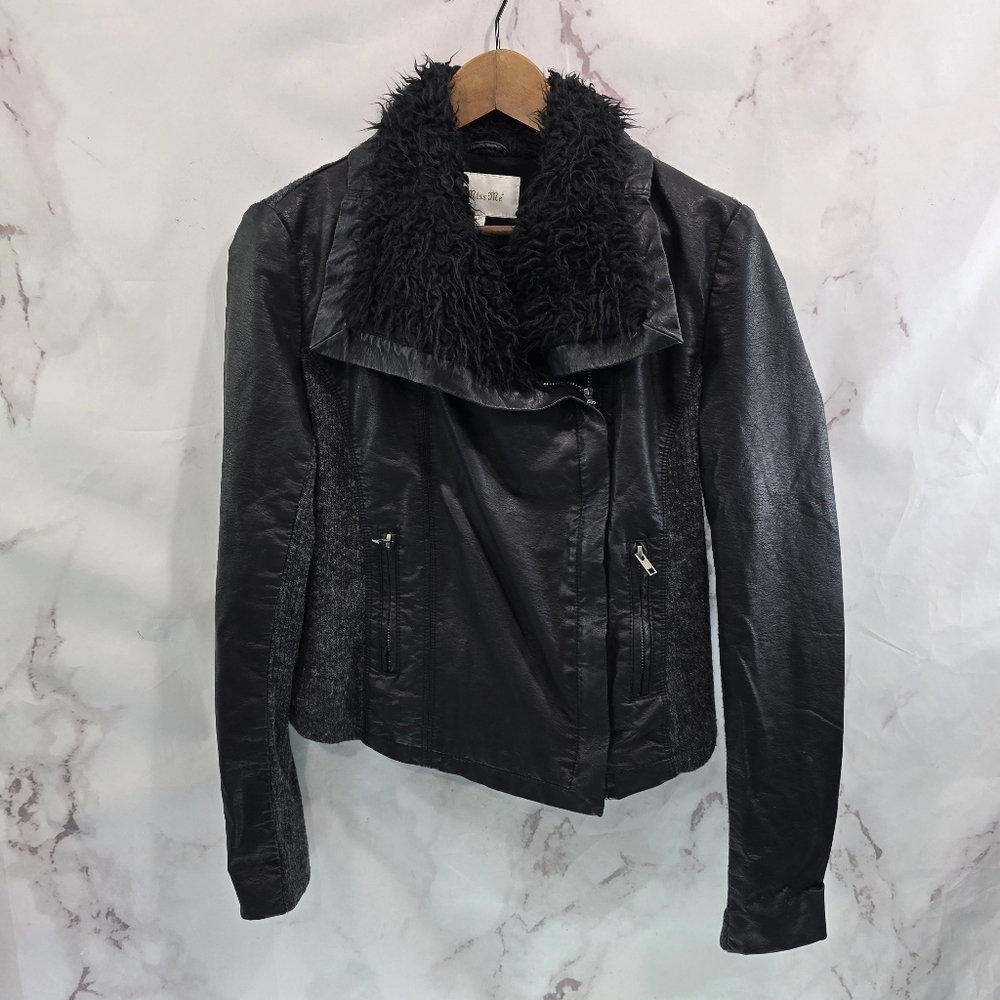 Miss Me Jacket Women Medium Black Faux Fur Vegan Leather Crop Vintage Y2K Moto